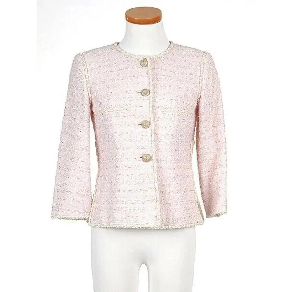 2010 CHANEL 10P Tweed Pink JACKET BRADED TRIM CC buttons FR-38